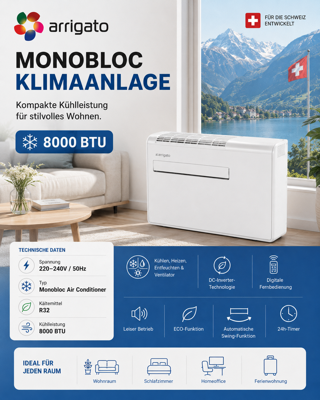 Climarox Monoblock Wandklimaanlage 8000 BTU – Frontansicht