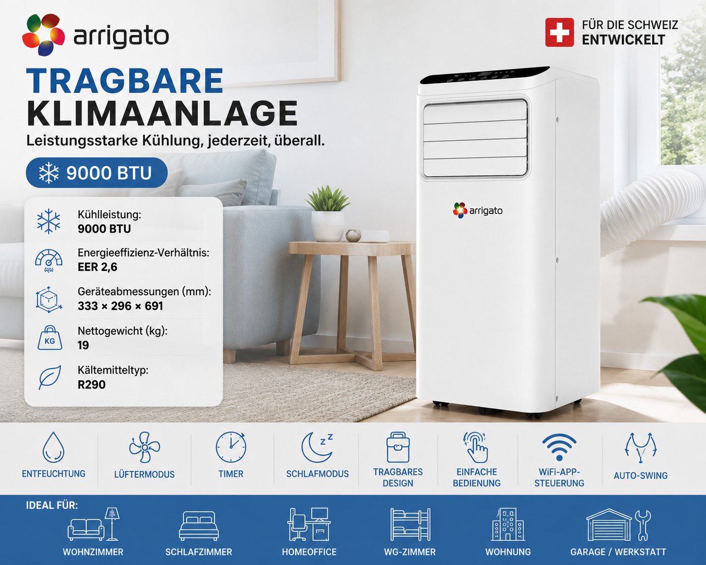Climarox Mobile Klimaanlage 9000 BTU – Frontansicht